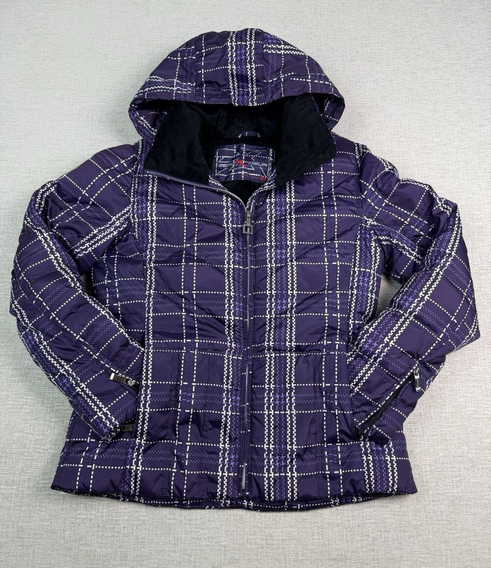 ZeroXposur Down Puffer Jacket Women’s Medium Purple Plaid Hooded Winter Coat